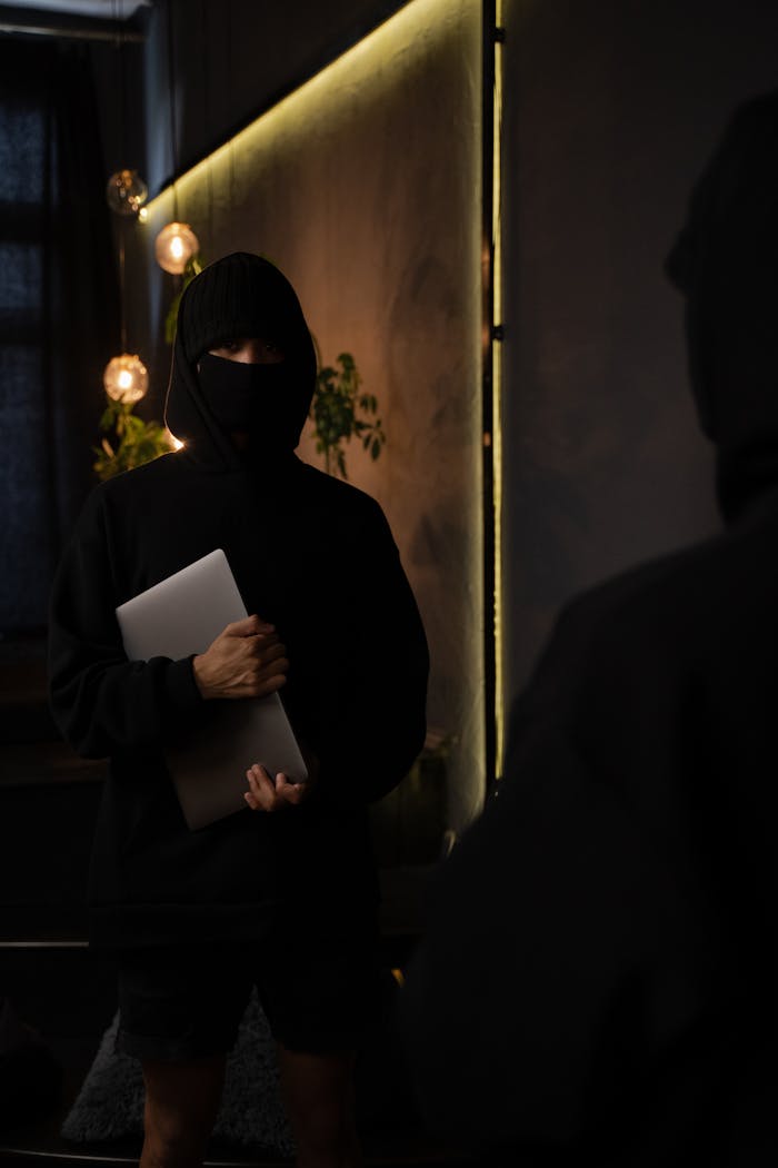 A masked person holding a laptop in a dimly lit room, reflecting mystery and intrigue.
